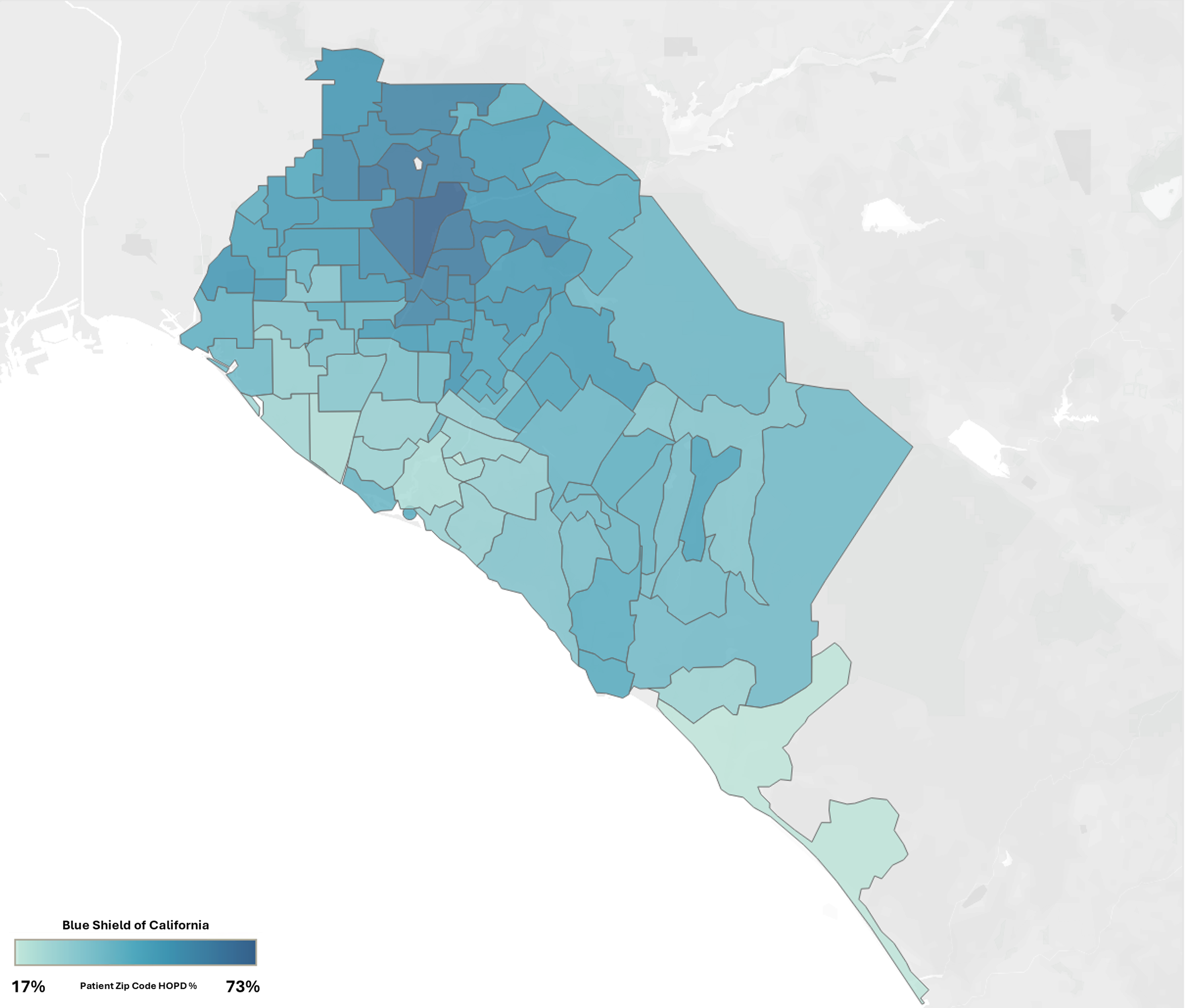 A choropleth map of the Los Angeles market, showing HOPD utilization by ZIP code.