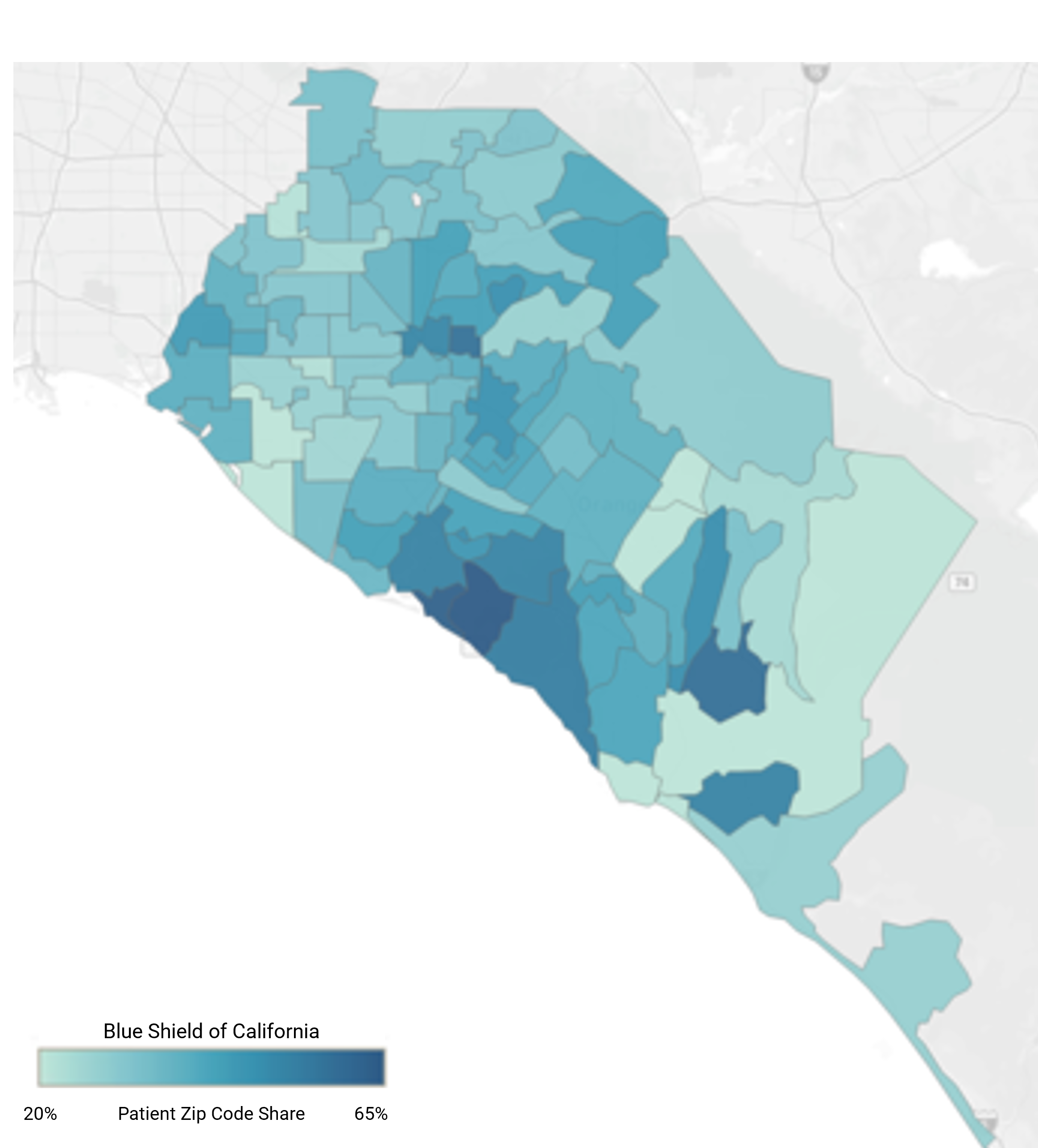 Choropleth map of Blue Shield of California’s market share in the Los Angeles Combined Statistical Area