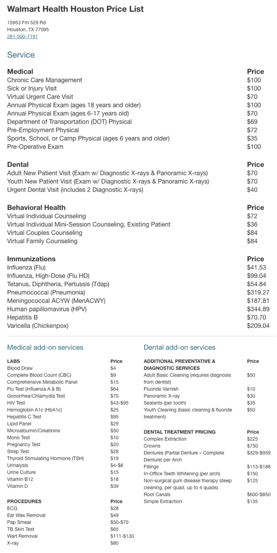 A price list for Walmart Health Houston, showing exact prices for over 50 different procedures, including services for medical, dental, behavioral health, immunization, labs, and scans